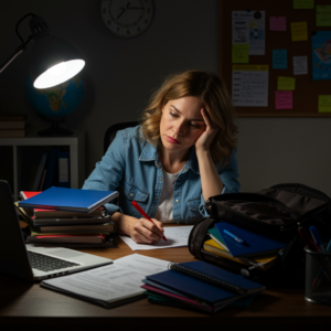 Die Arbeitsbelastung einer Lehrerin, die bis spät abends noch korrigiert.