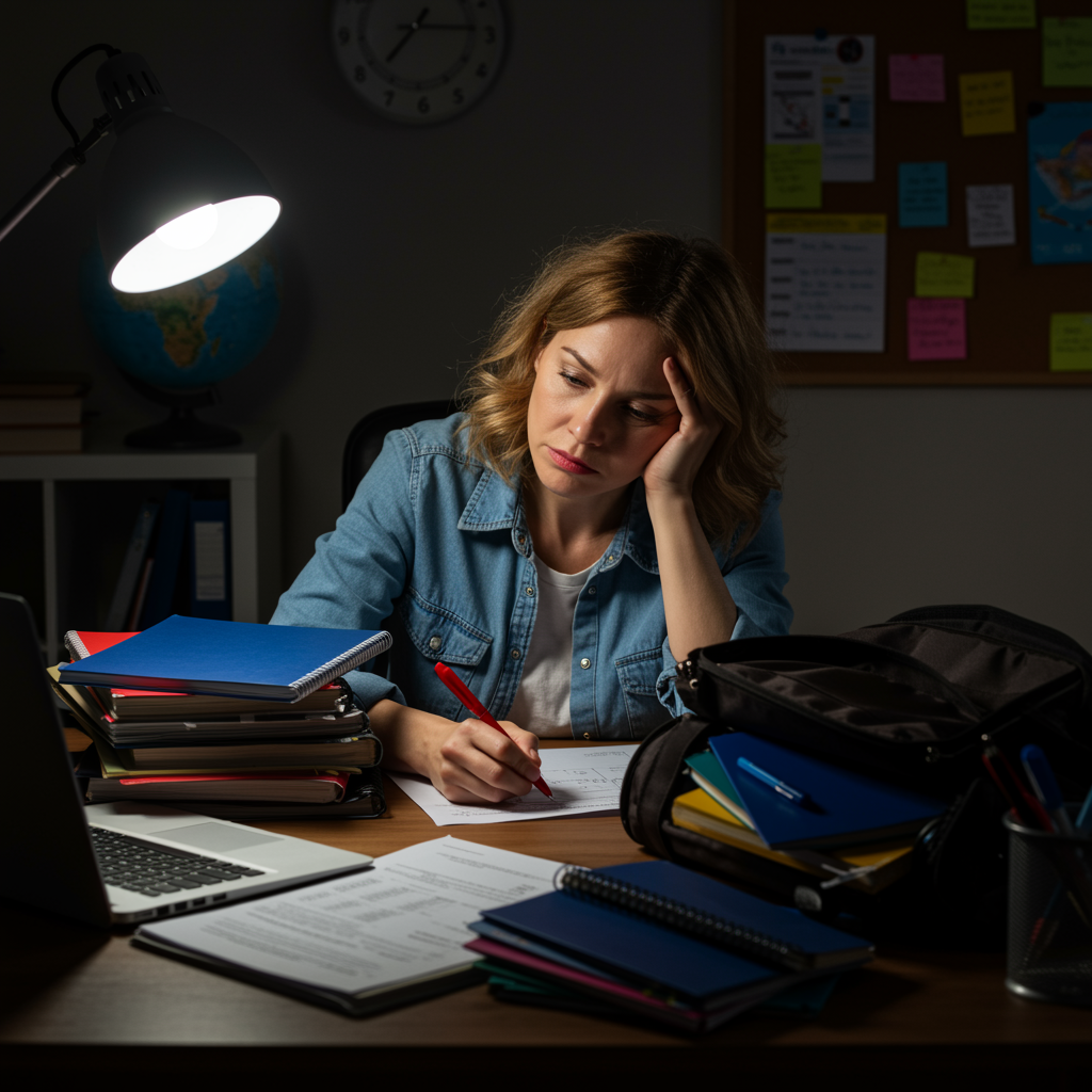 Die Arbeitsbelastung einer Lehrerin, die bis spät abends noch korrigiert.