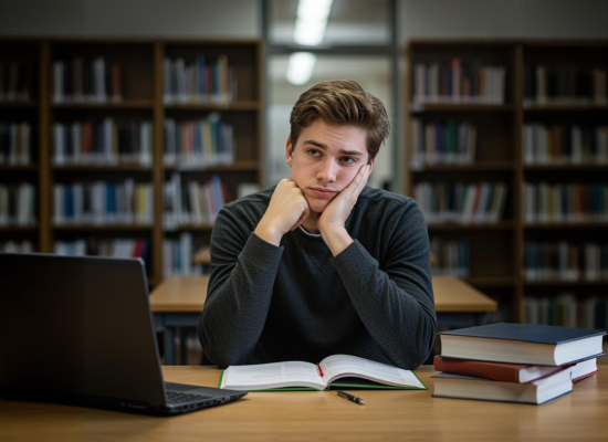 Lehramtsstudent in der Bibliothek Ein junger Lehramtsstudent sitzt in der Bibliothek und denkt über berufliche Zukunft nach